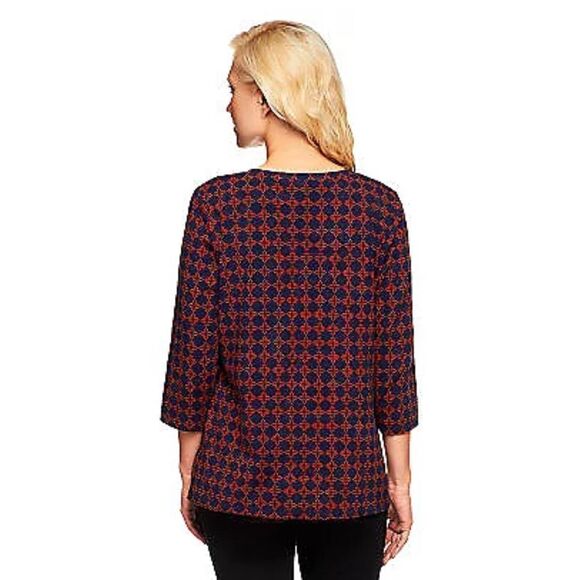 Denim & Co. Womens 3X Tan Combo 3/4 Sleeve V-neck Tile Print Knit Top NWT - Picture 3 of 4